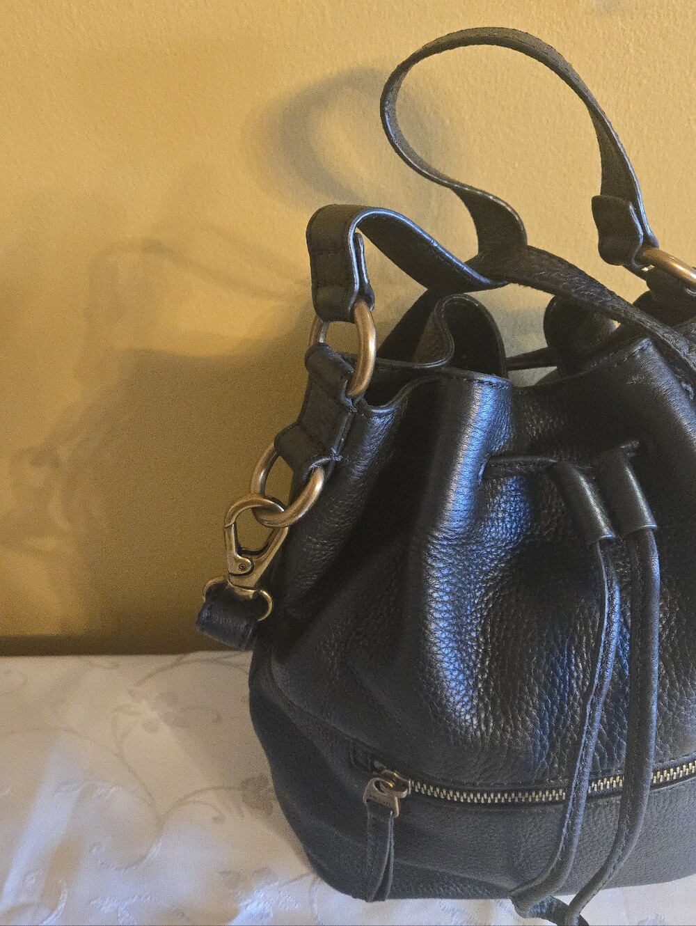 Classic Black Leather Drawstring Bucket Bag
